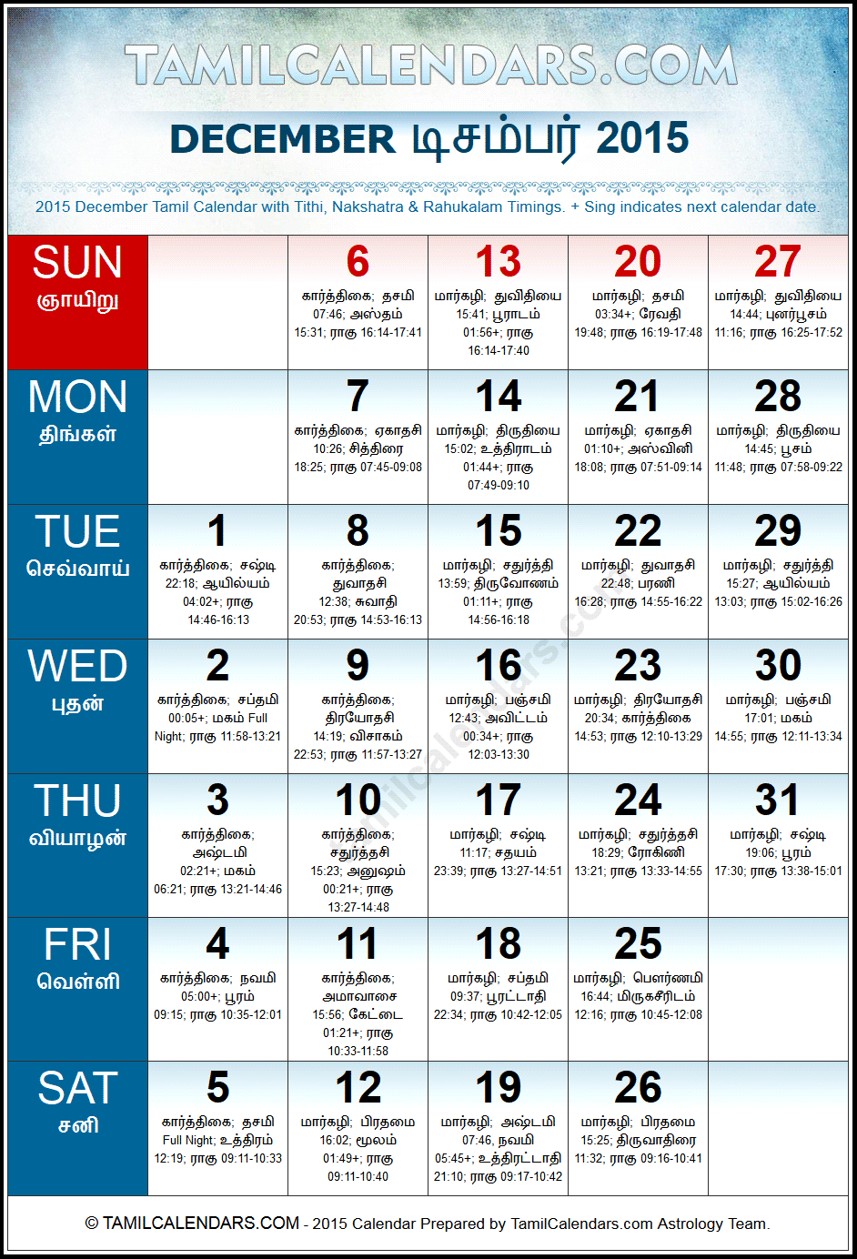December 2015 Tamil Calendar
