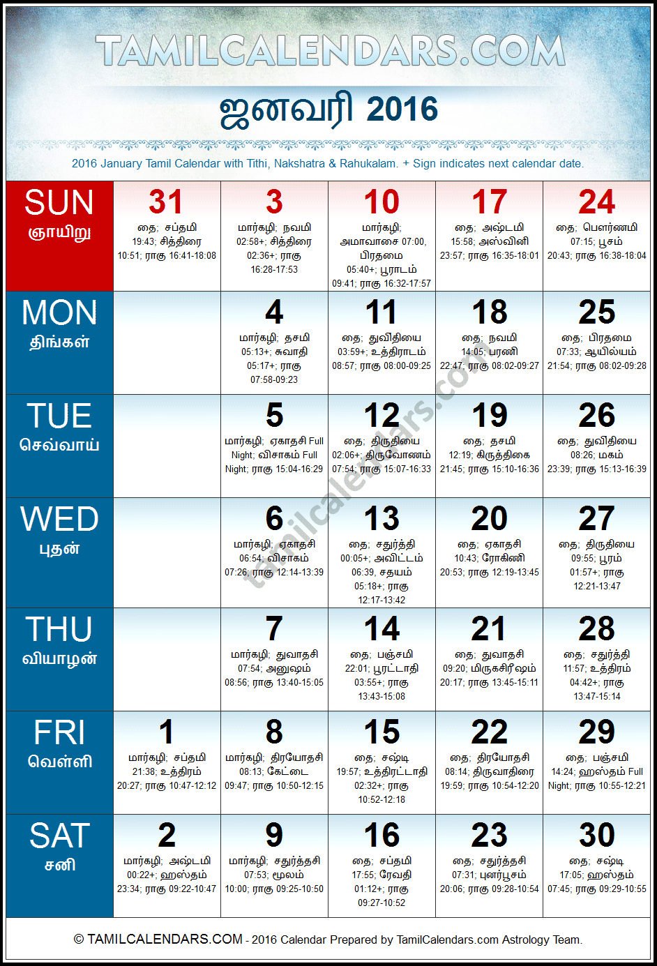January 2016 Tamil Calendar