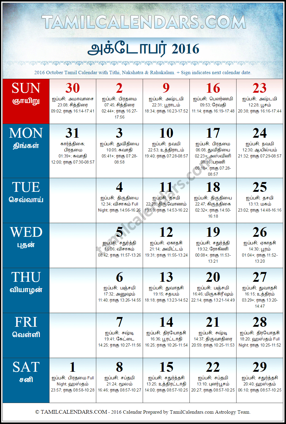 October 2016 Tamil Calendar