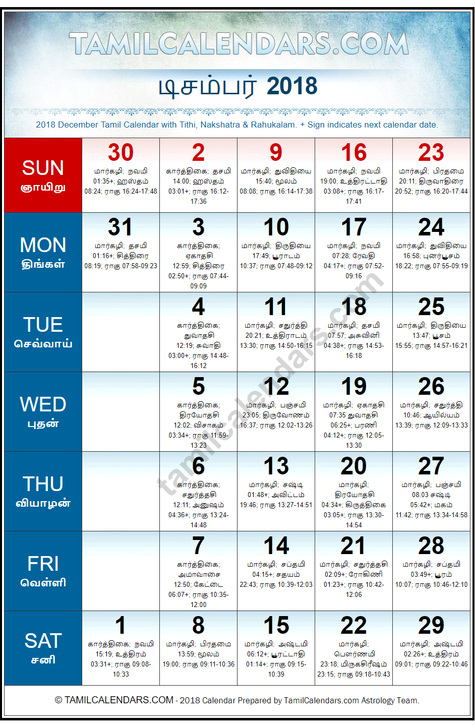December 2018 Tamil Calendar