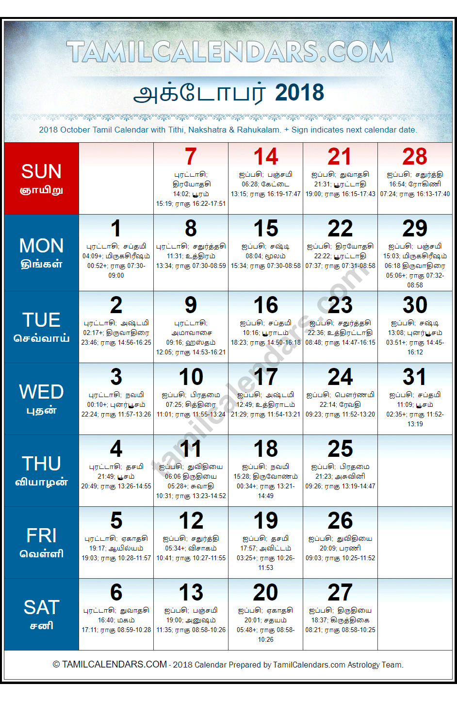 October 2018 Tamil Calendar