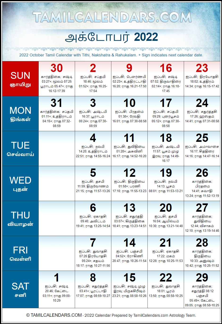 October 2022 Tamil Calendar