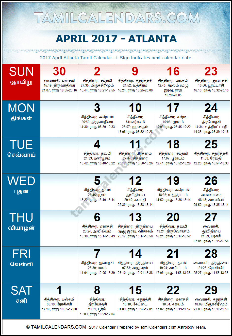 April 2017 Tamil Calendar for Atlanta, USA