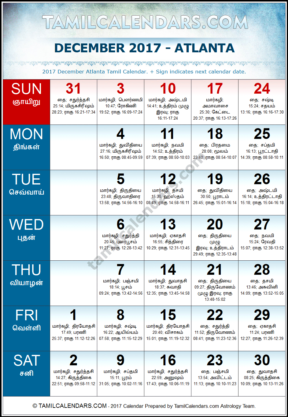 December 2017 Tamil Calendar for Atlanta, USA