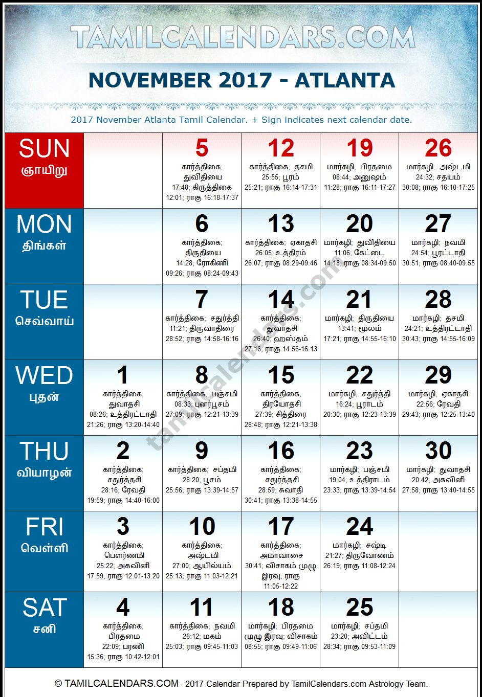 November 2017 Tamil Calendar for Atlanta, USA