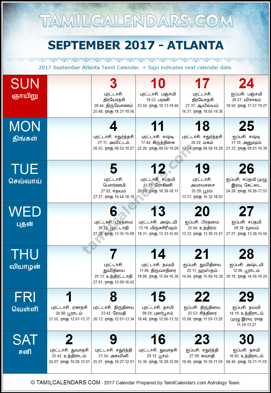 September 2017 Tamil Calendar for Atlanta, USA