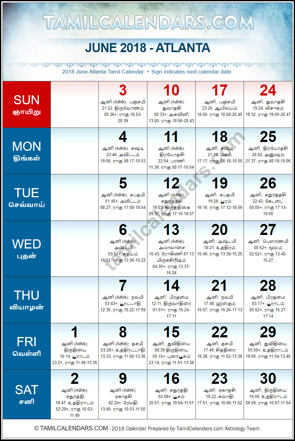 June 2018 Tamil Calendar for Atlanta, USA