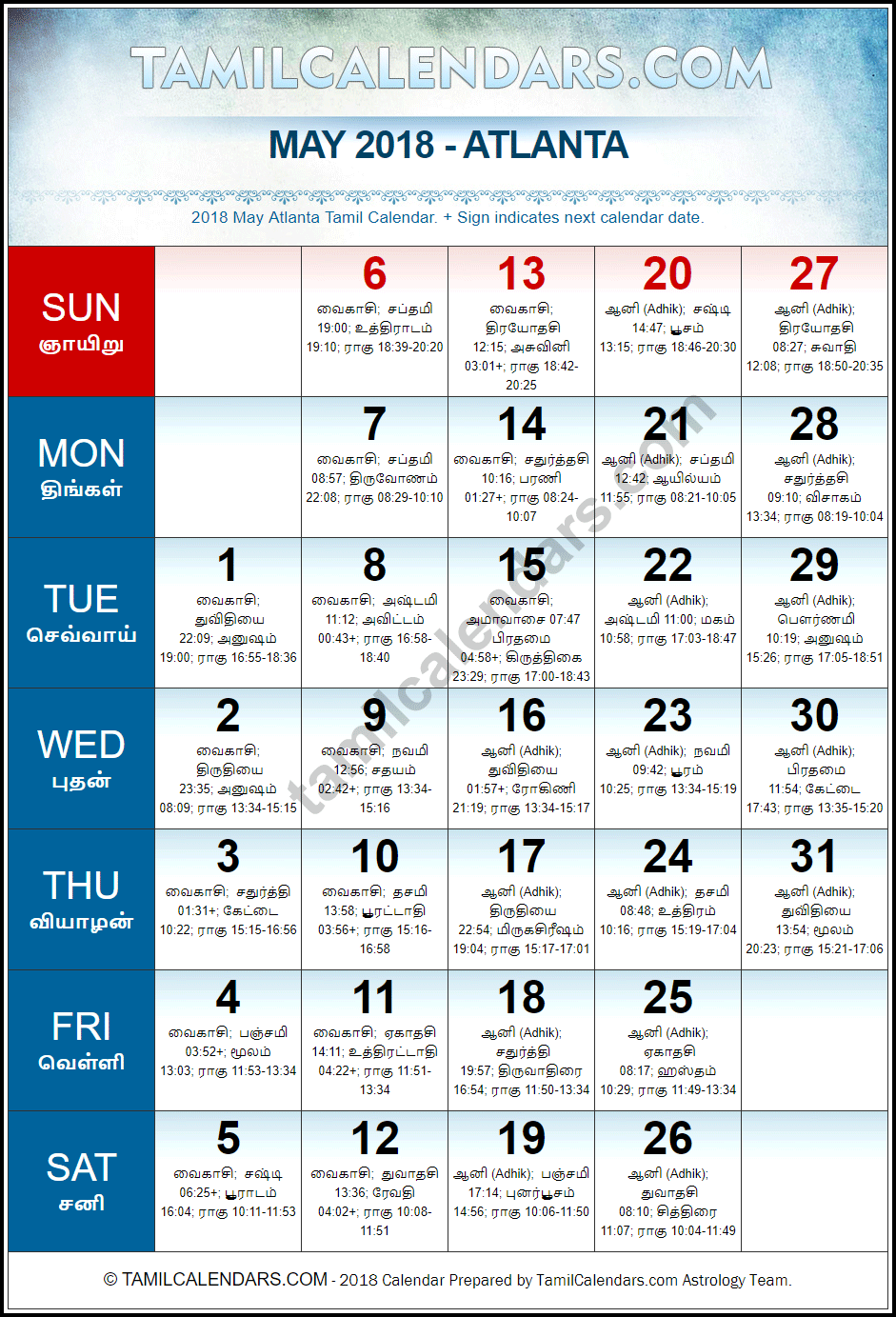 May 2018 Tamil Calendar for Atlanta, USA
