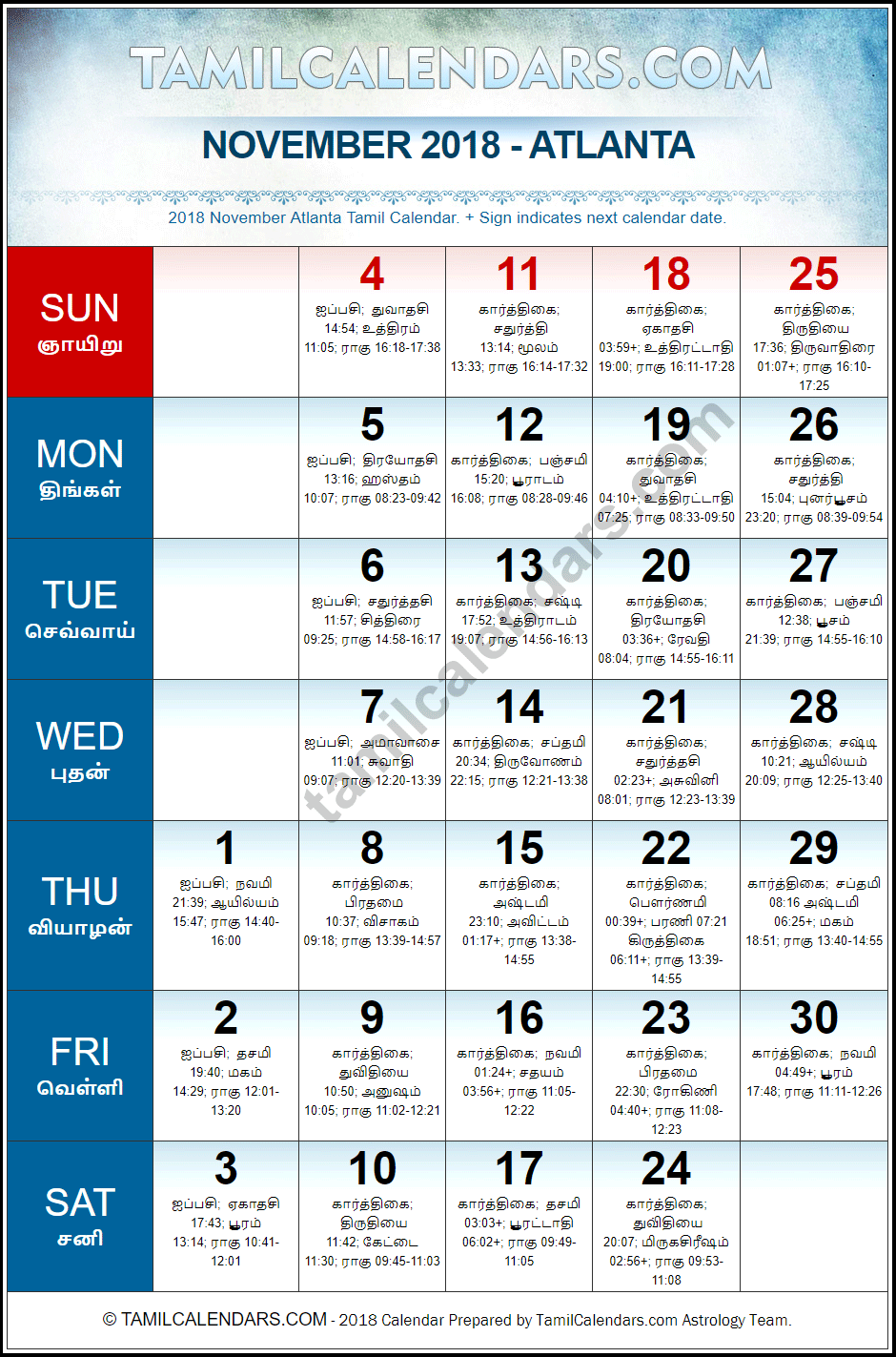 November 2018 Tamil Calendar for Atlanta, USA