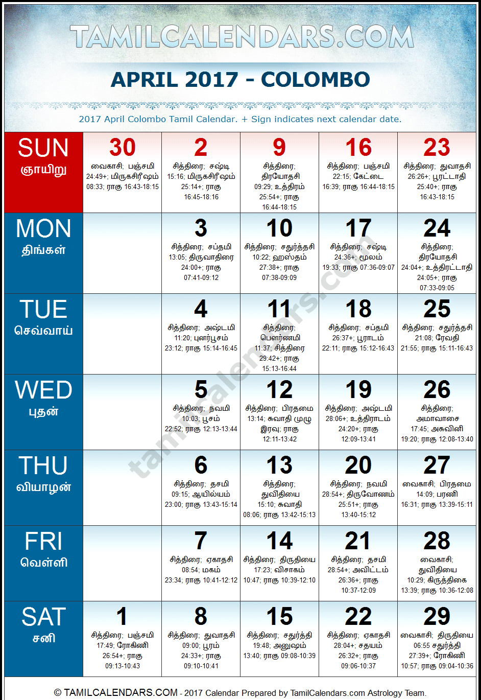 April 2017 Tamil Calendar for Sri Lanka (Colombo)