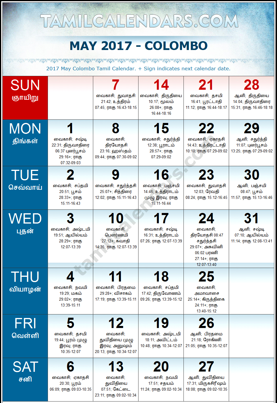 May 2017 Tamil Calendar for Sri Lanka (Colombo)