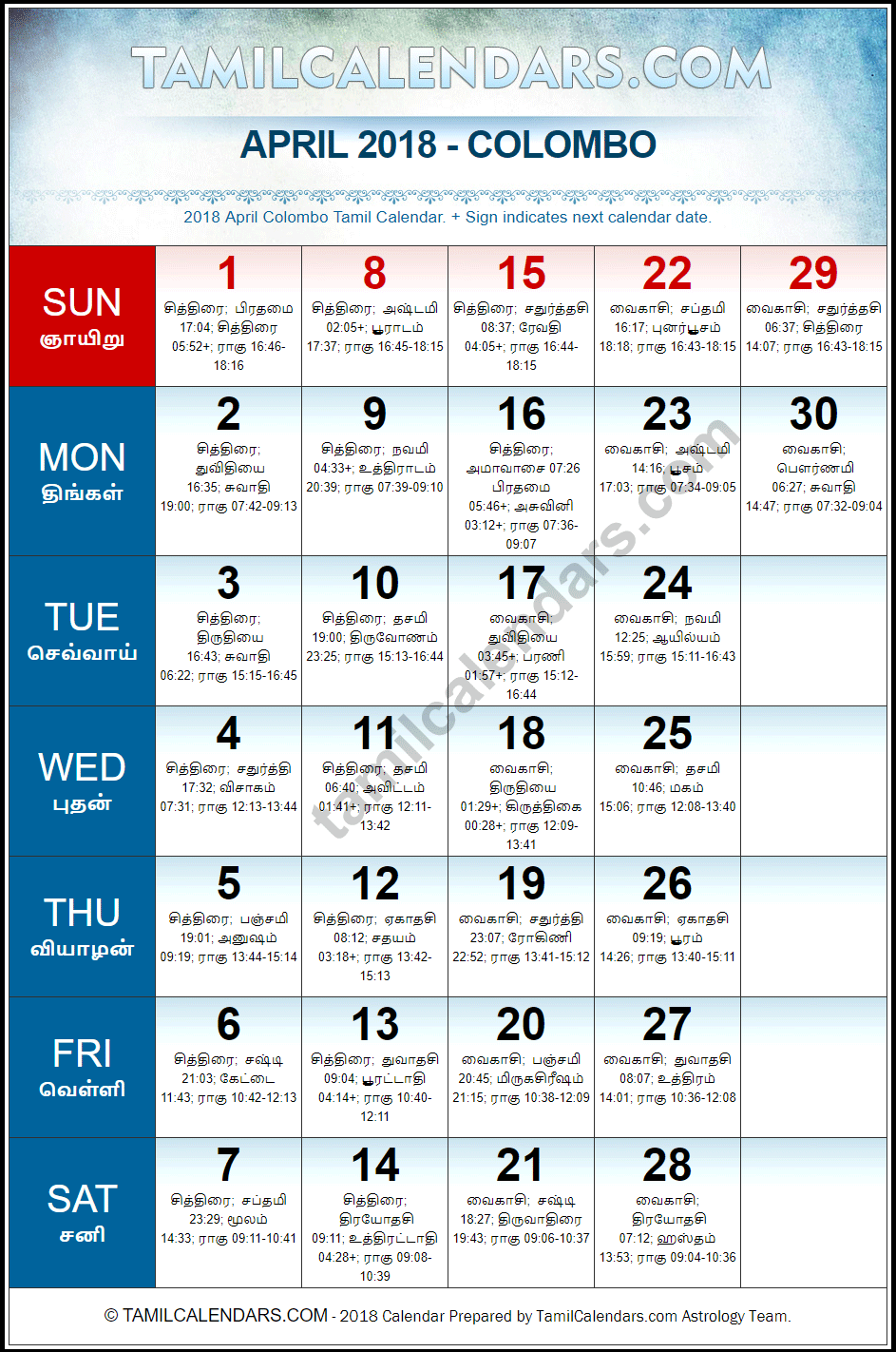 April 2018 Tamil Calendar for Sri Lanka (Colombo)