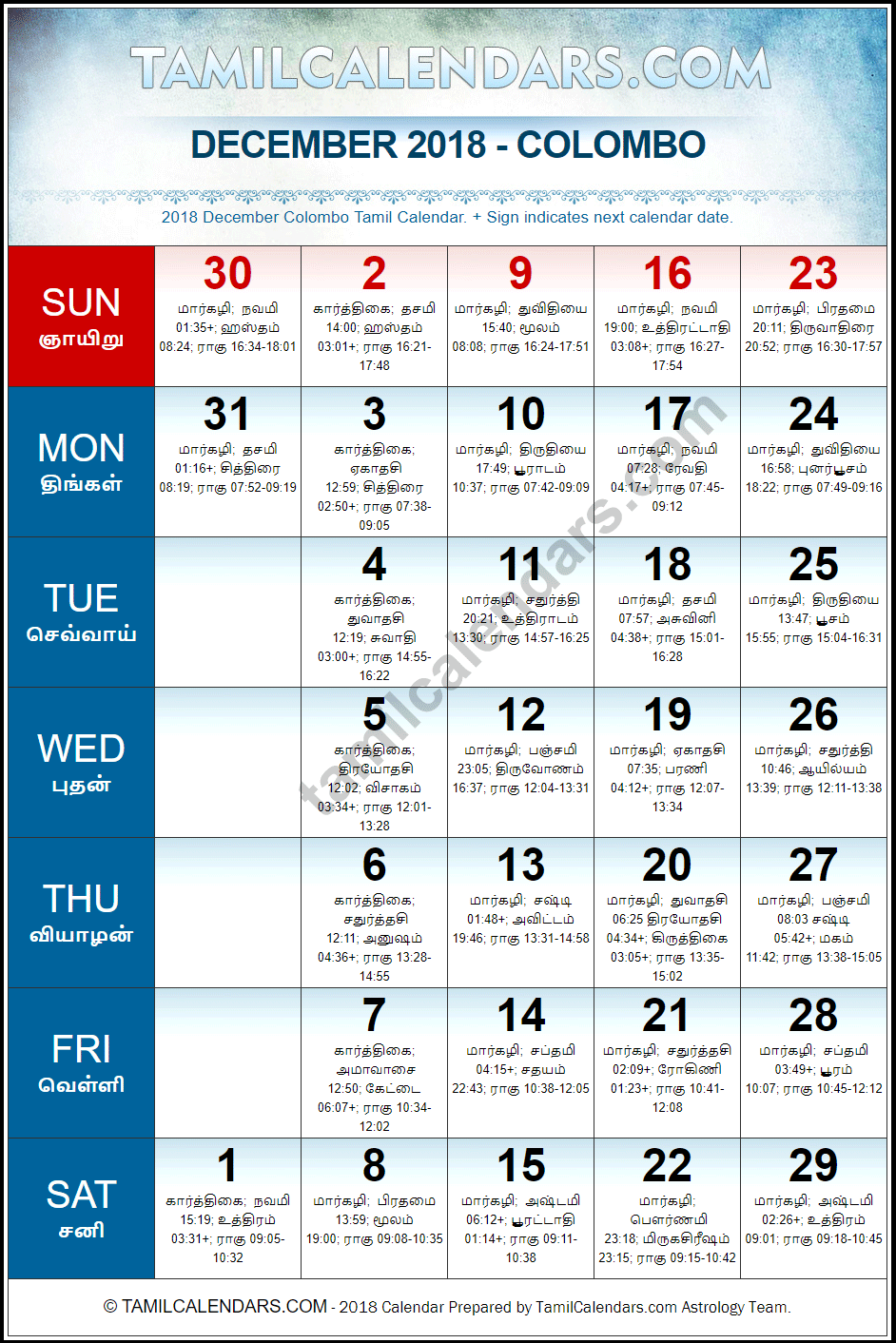 December 2018 Tamil Calendar for Sri Lanka (Colombo)