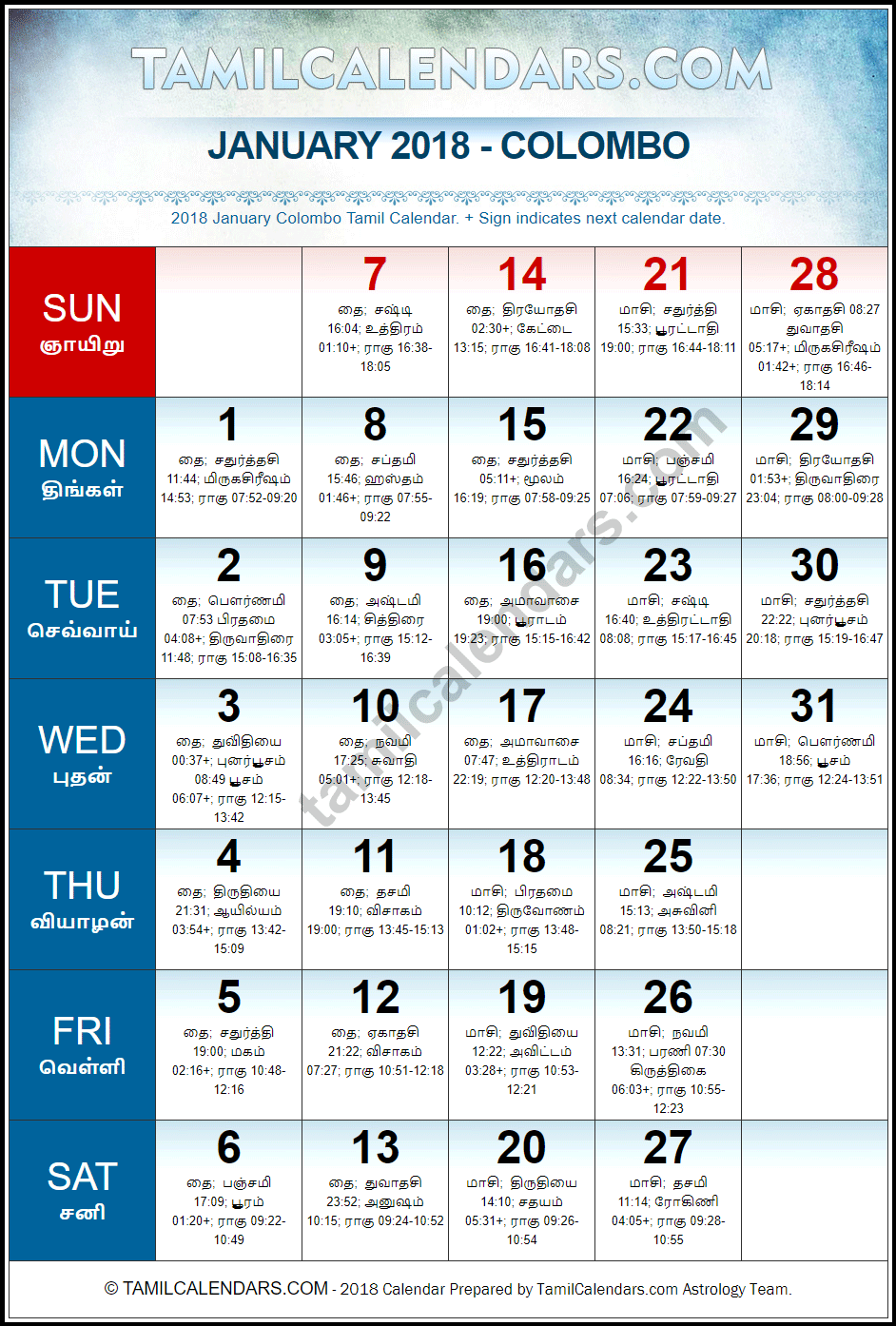 January 2018 Tamil Calendar for Sri Lanka (Colombo)