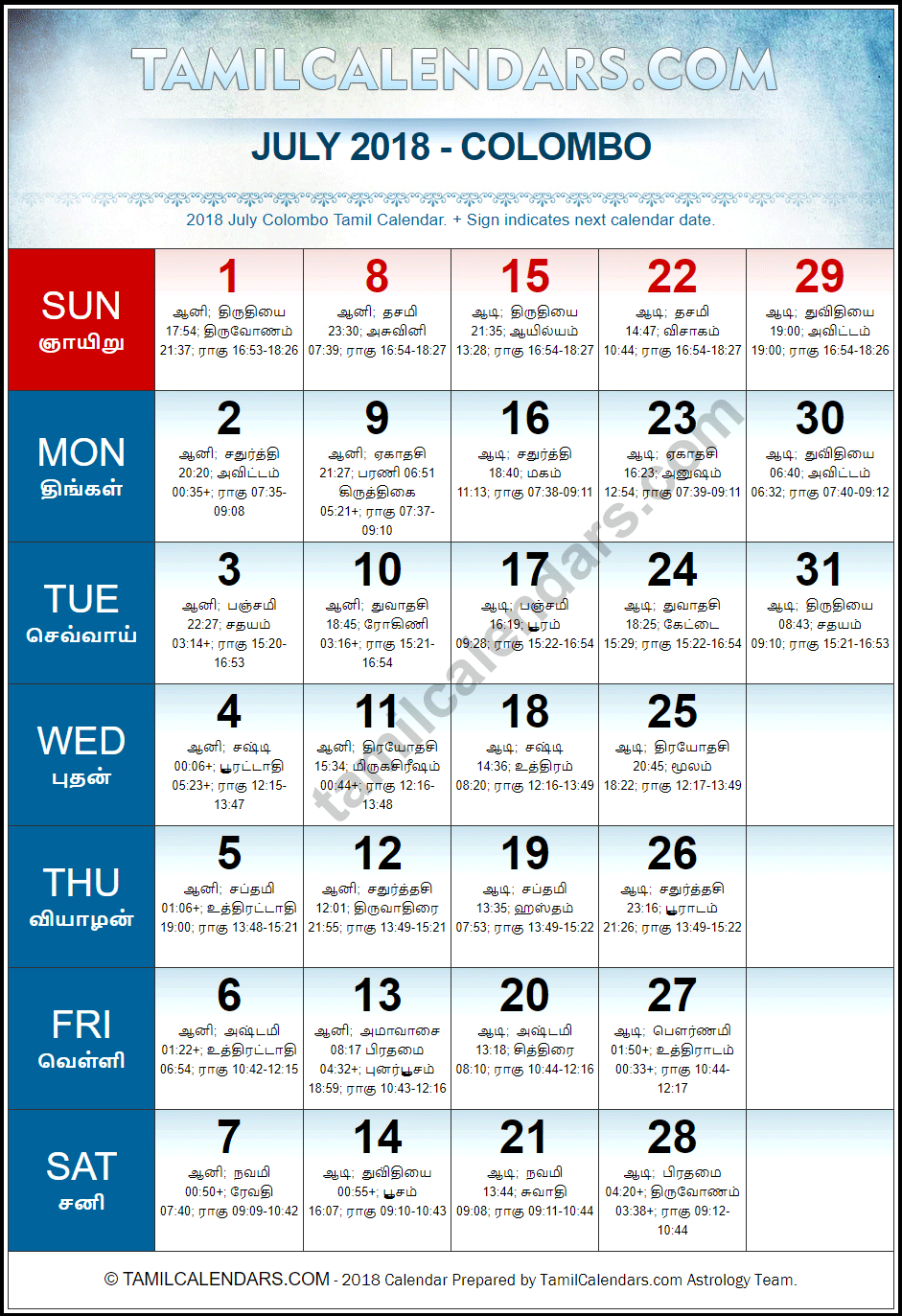 July 2018 Tamil Calendar for Sri Lanka (Colombo)