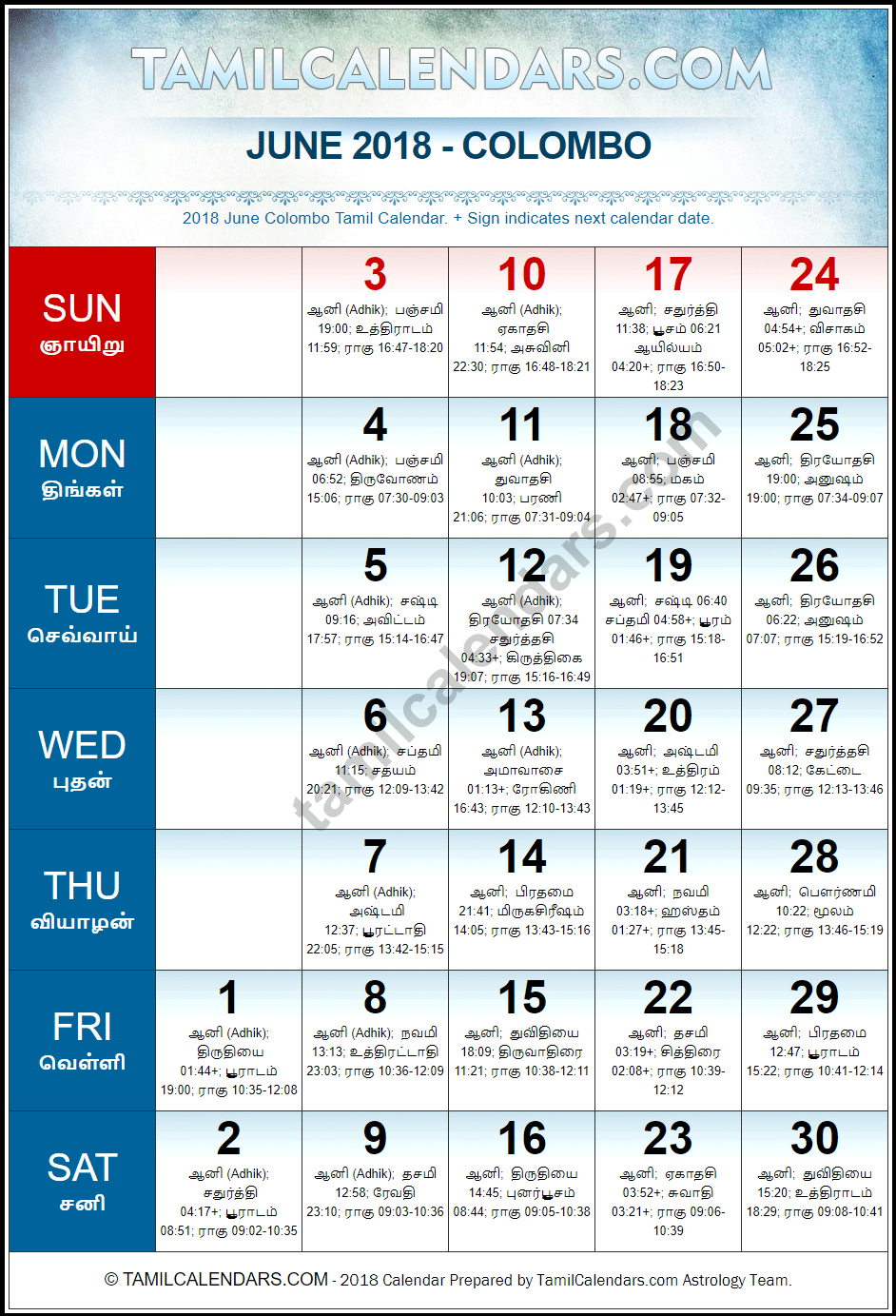 June 2018 Tamil Calendar for Sri Lanka (Colombo)