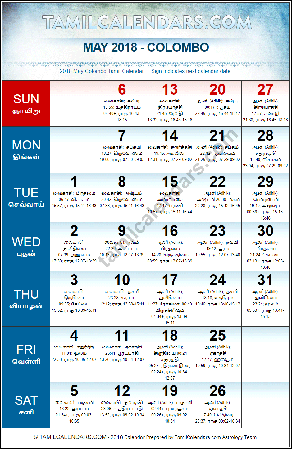 May 2018 Tamil Calendar for Sri Lanka (Colombo)