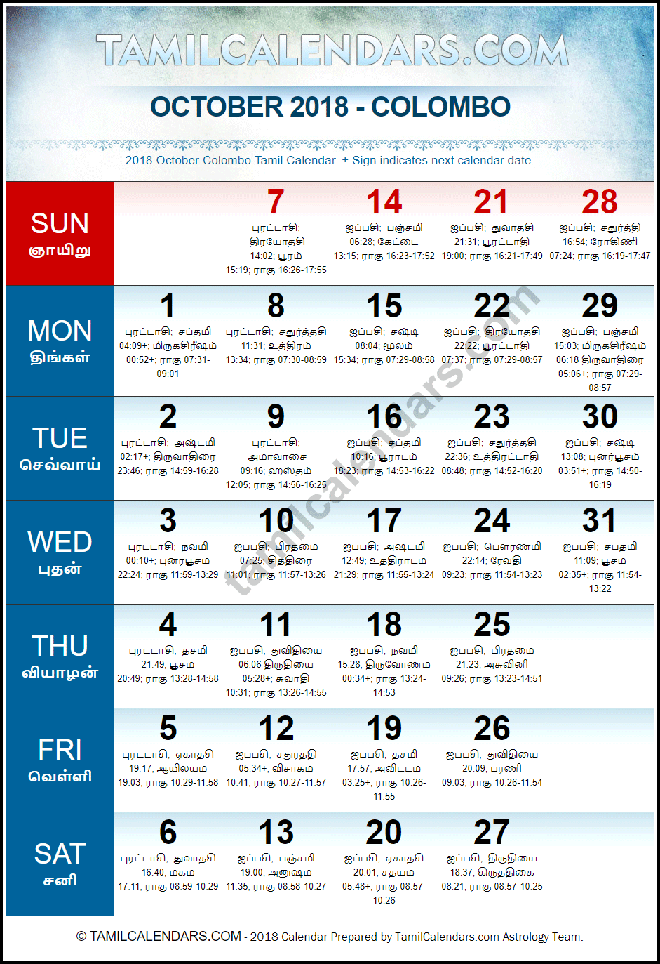 October 2018 Tamil Calendar for Sri Lanka (Colombo)