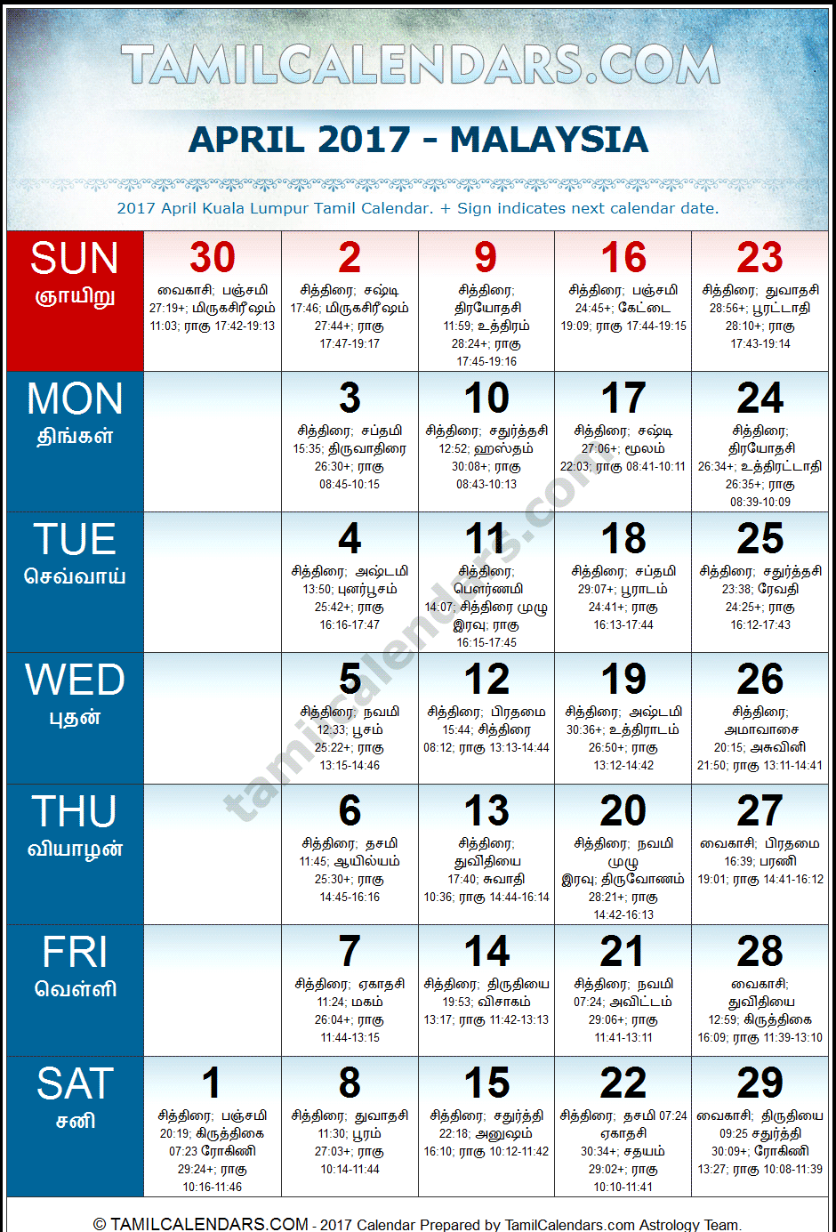 April 2017 Tamil Calendar for Malaysia (Kuala Lumpur)