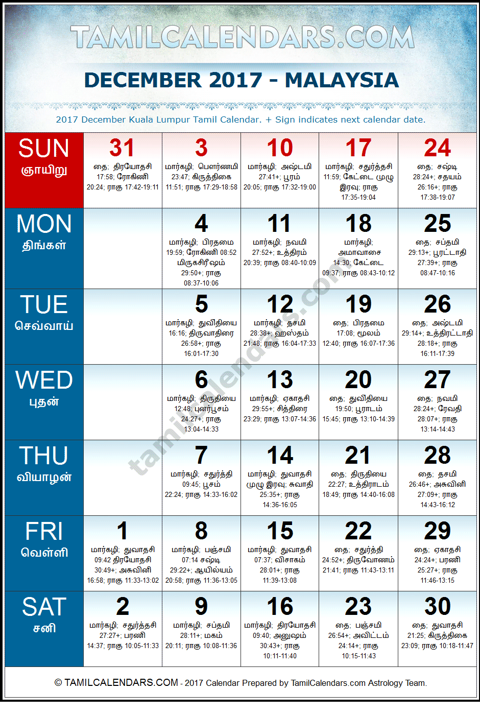 December 2017 Tamil Calendar for Malaysia (Kuala Lumpur)