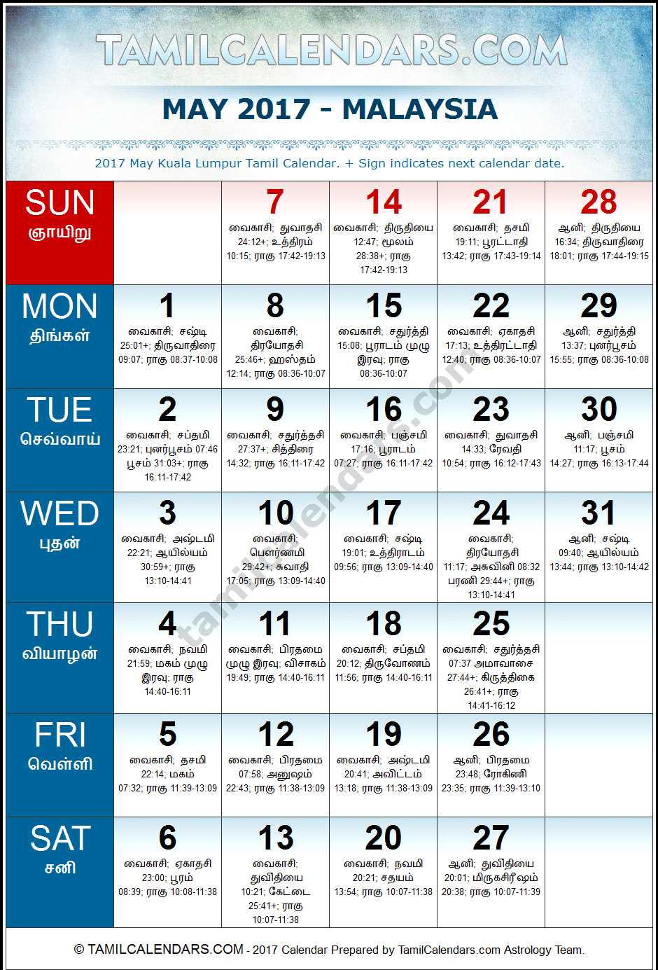 May 2017 Tamil Calendar for Malaysia (Kuala Lumpur)