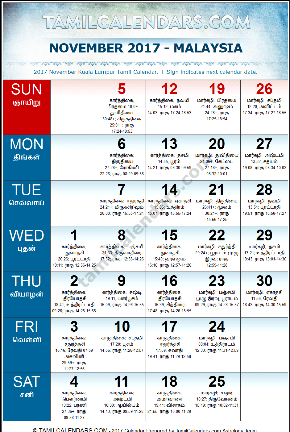 November 2017 Tamil Calendar for Malaysia (Kuala Lumpur)