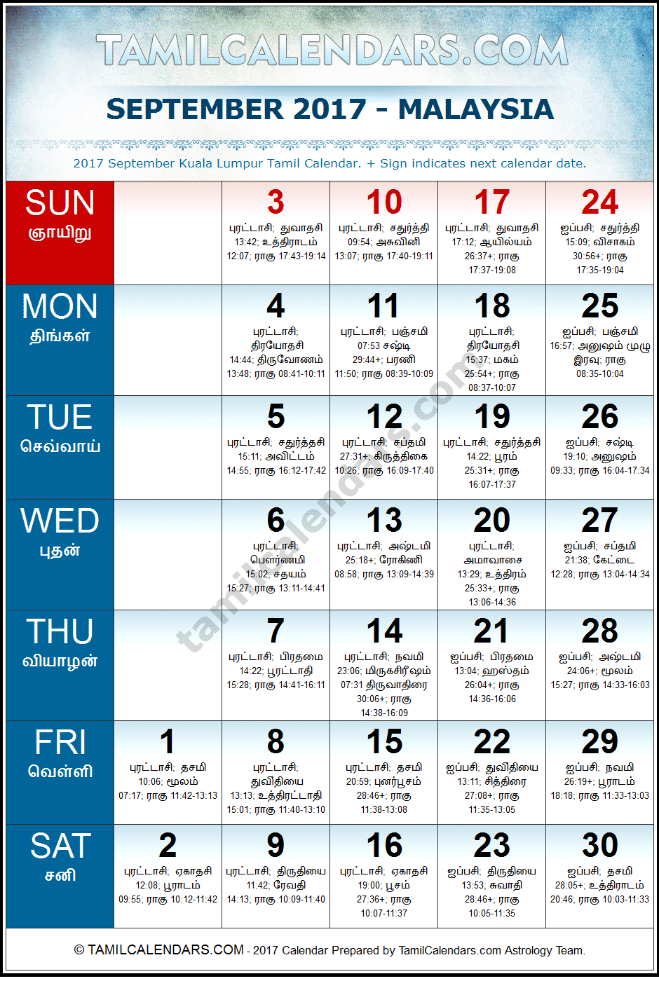 September 2017 Tamil Calendar for Malaysia (Kuala Lumpur)