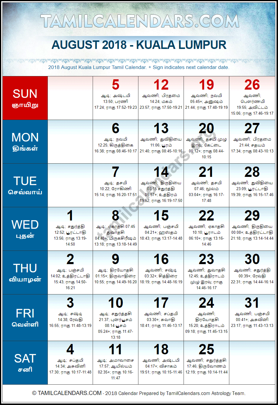 August 2018 Tamil Calendar for Malaysia (Kuala Lumpur)