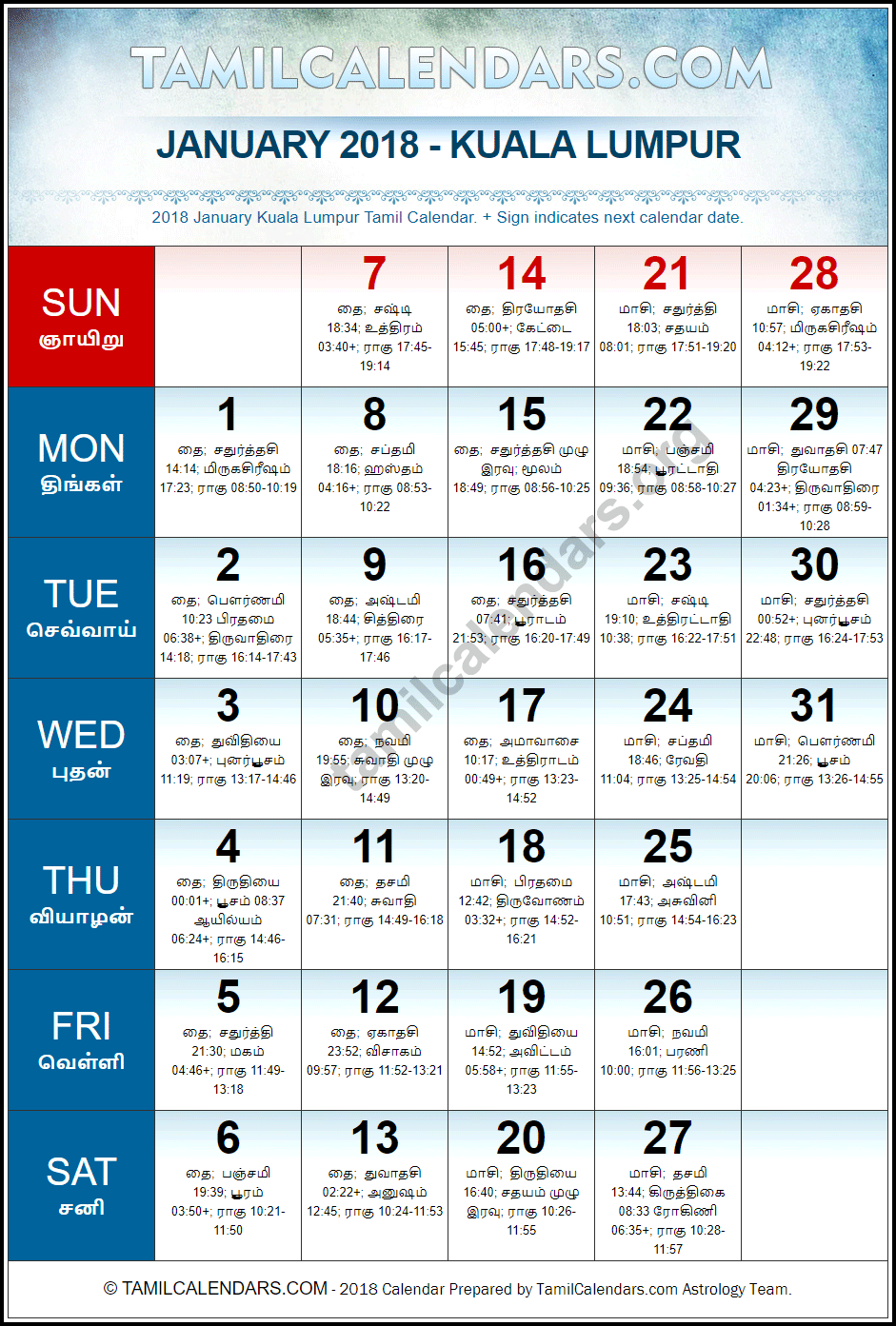 January 2018 Tamil Calendar for Malaysia (Kuala Lumpur)