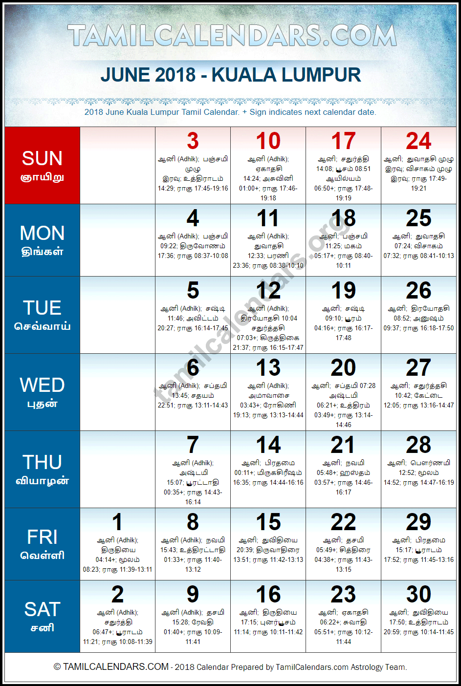 June 2018 Tamil Calendar for Malaysia (Kuala Lumpur)