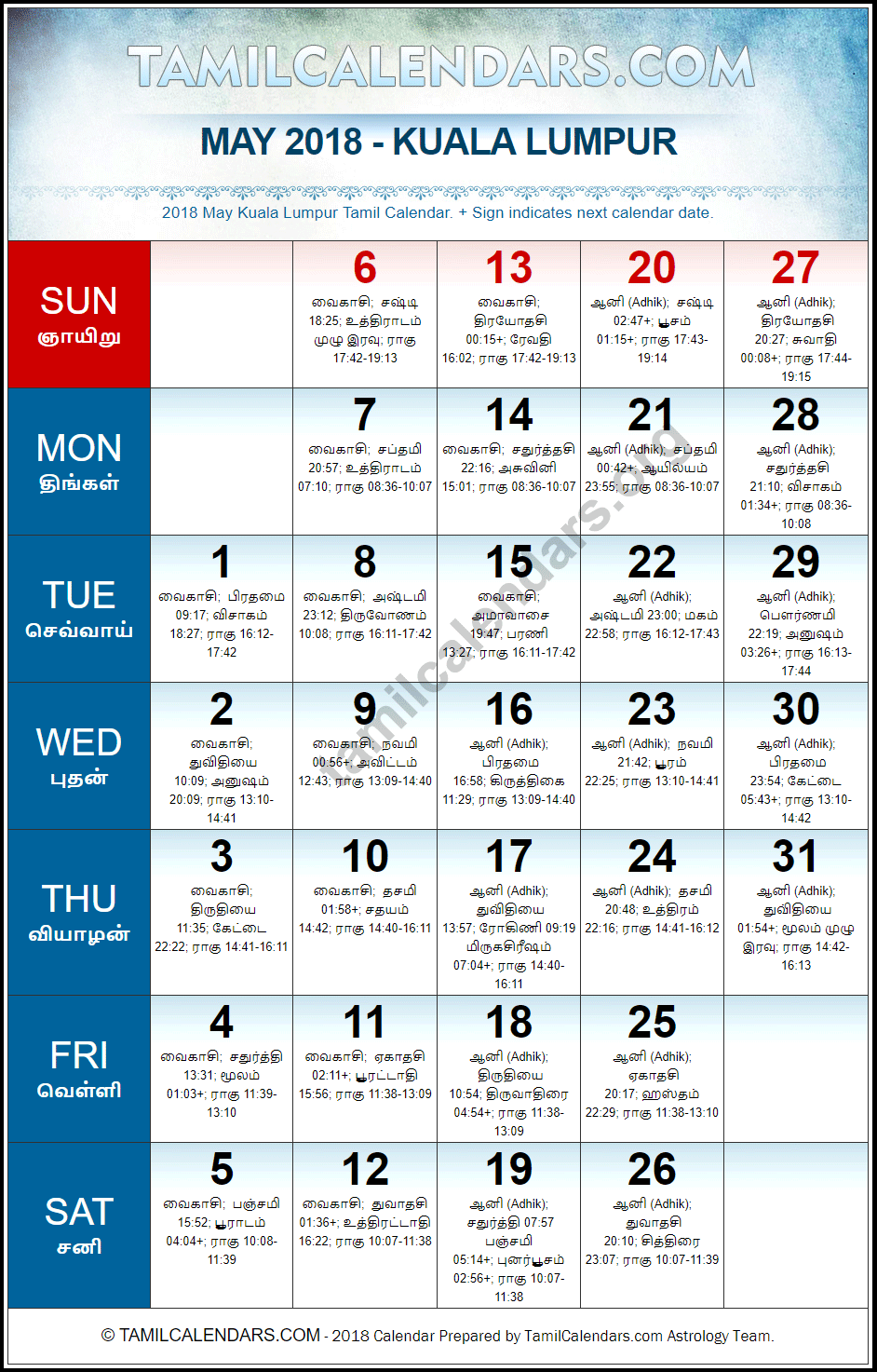 May 2018 Tamil Calendar for Malaysia (Kuala Lumpur)