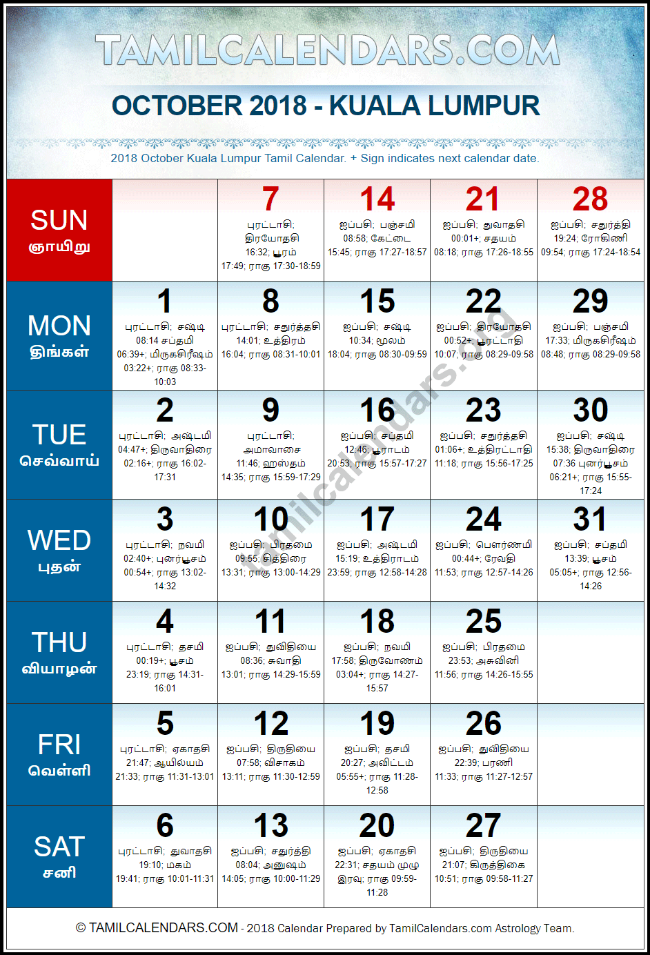 October 2018 Tamil Calendar for Malaysia (Kuala Lumpur)