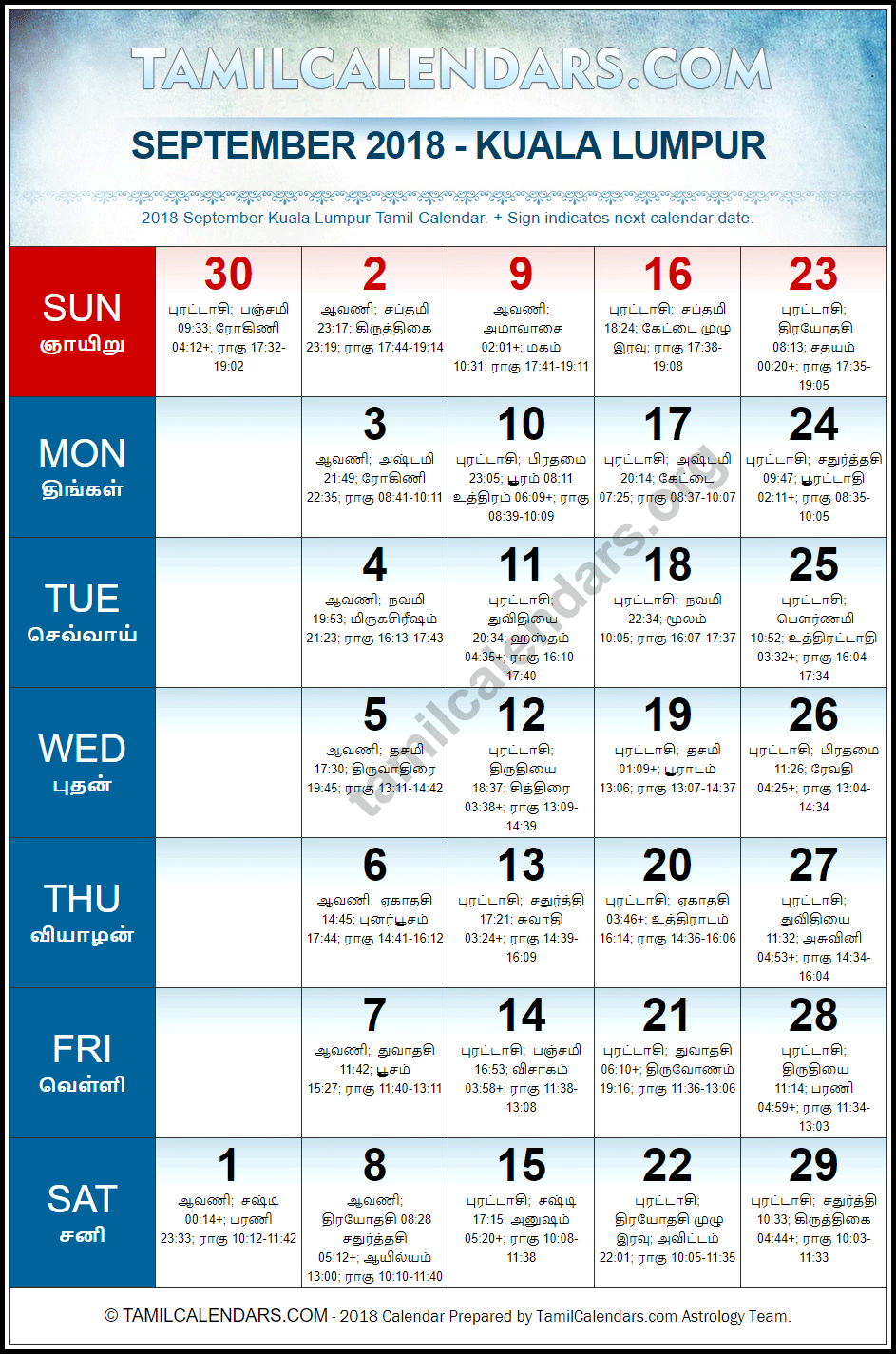 September 2018 Tamil Calendar for Malaysia (Kuala Lumpur)