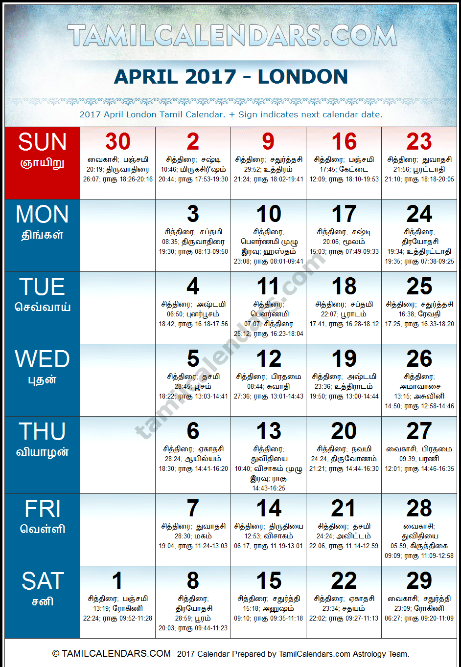 April 2017 Tamil Calendar for London, UK