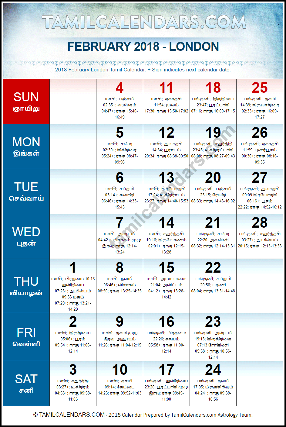 February 2018 Tamil Calendar for London, UK