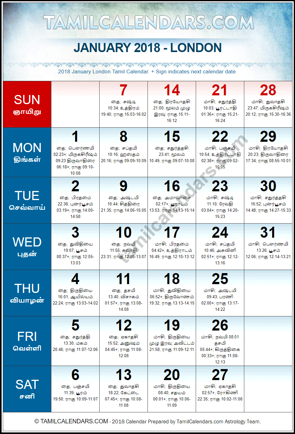 January 2018 Tamil Calendar for London, UK
