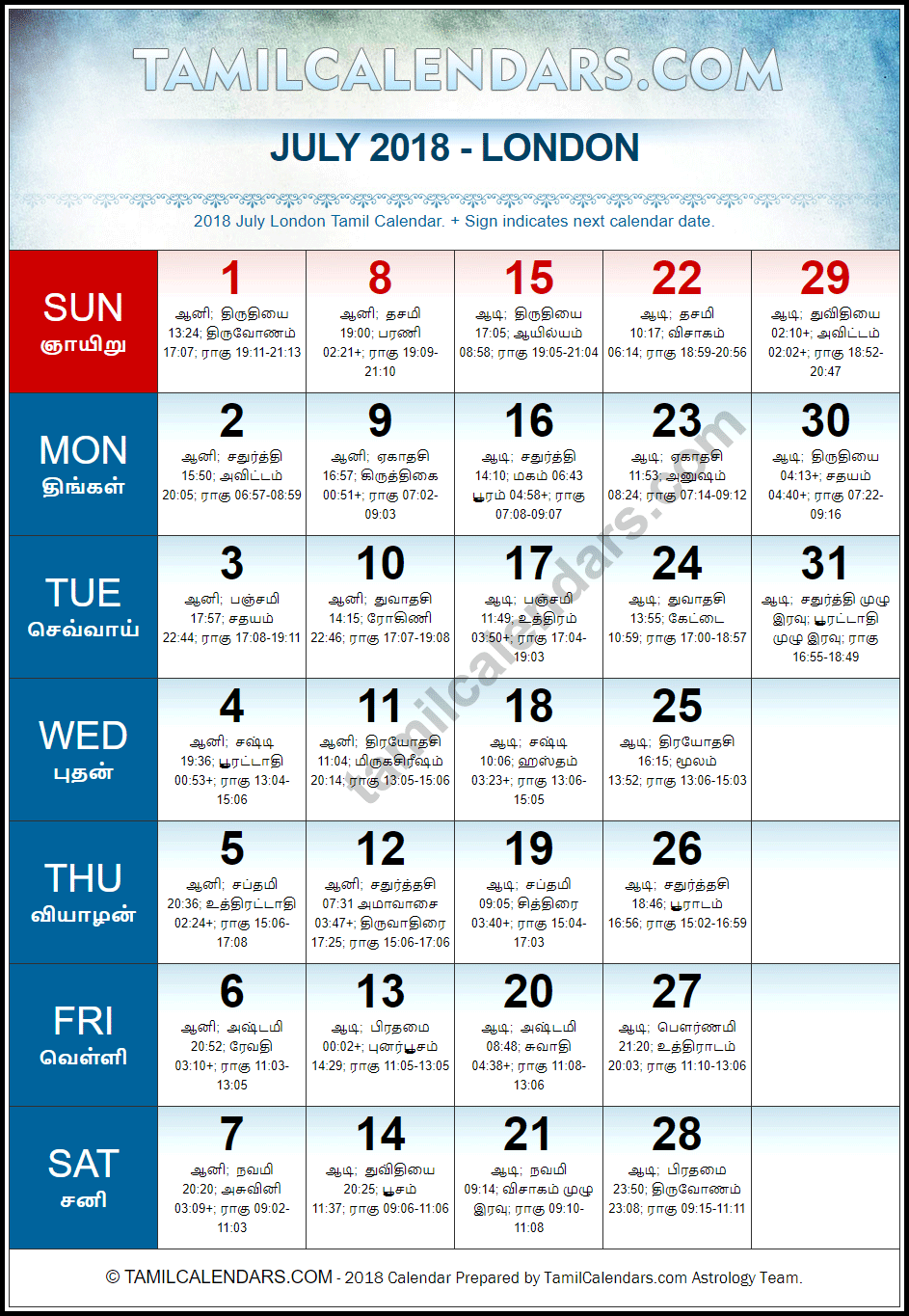 July 2018 Tamil Calendar for London, UK