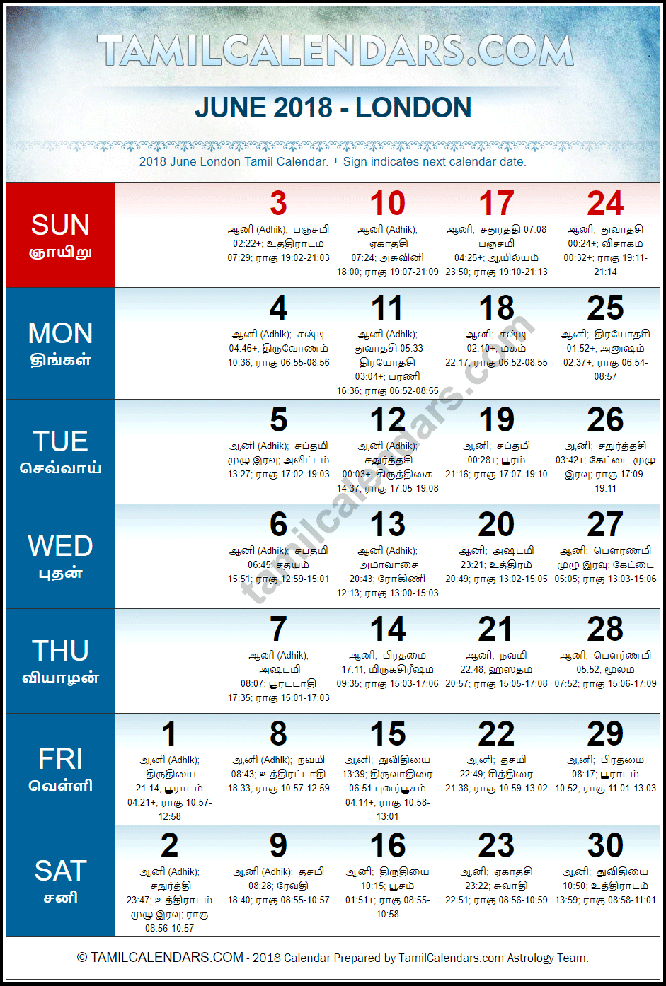 June 2018 Tamil Calendar for London, UK