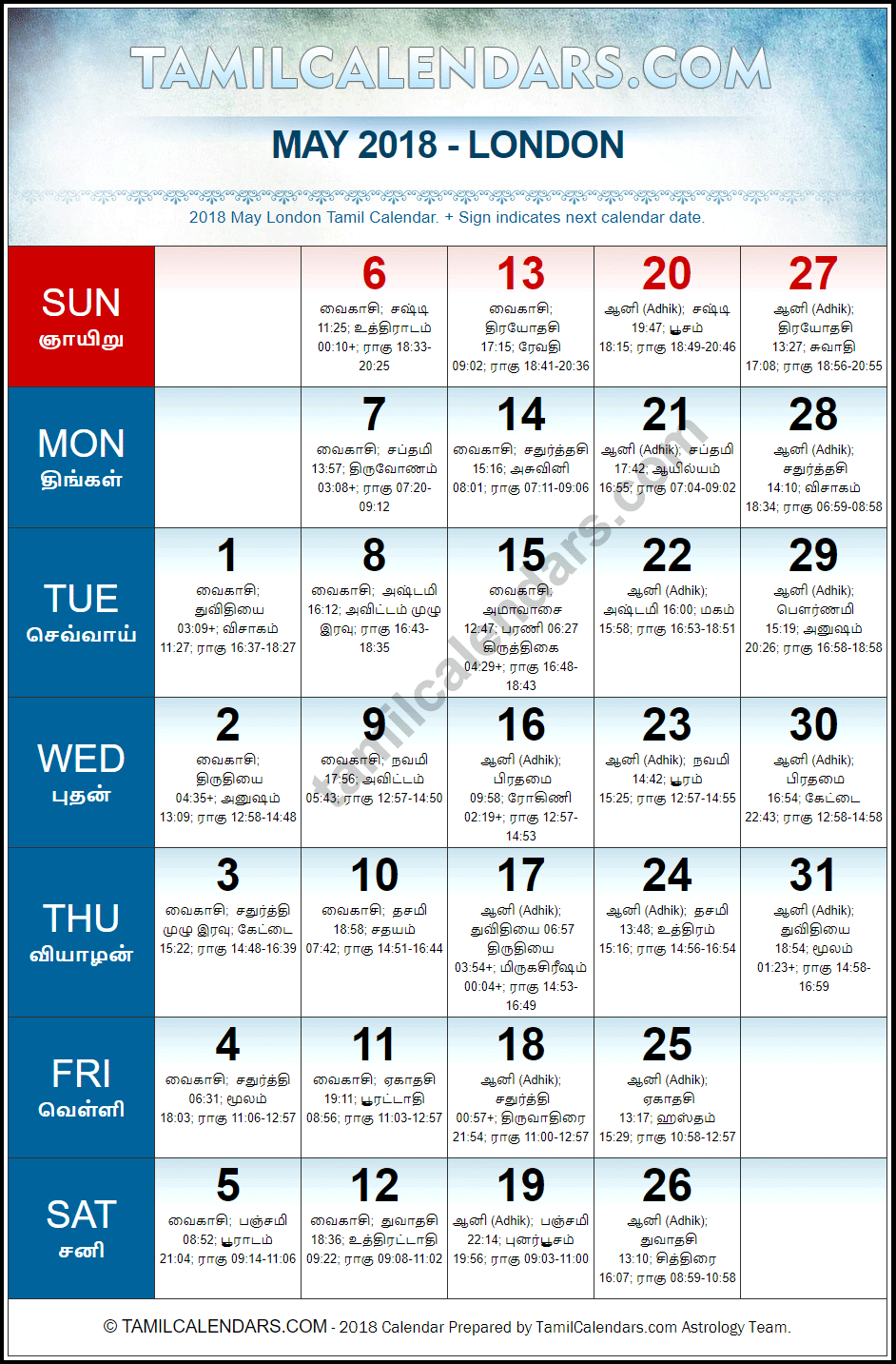 May 2018 Tamil Calendar for London, UK
