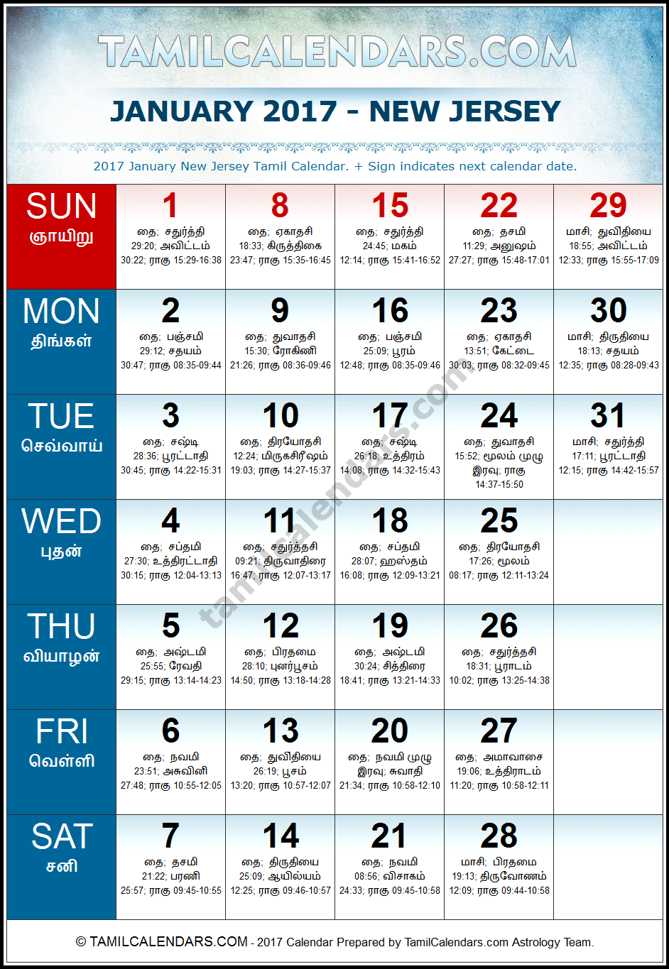 January 2017 Tamil Calendar for New Jersey, USA
