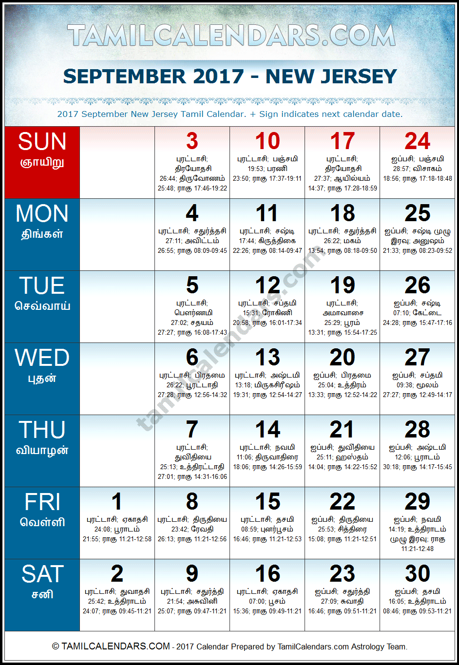September 2017 Tamil Calendar for New Jersey, USA