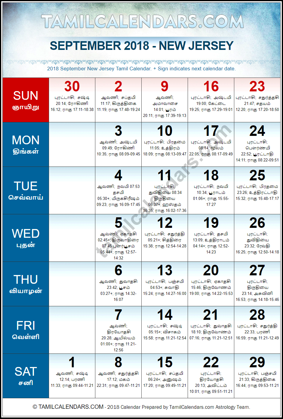 September 2018 Tamil Calendar for New Jersey, USA
