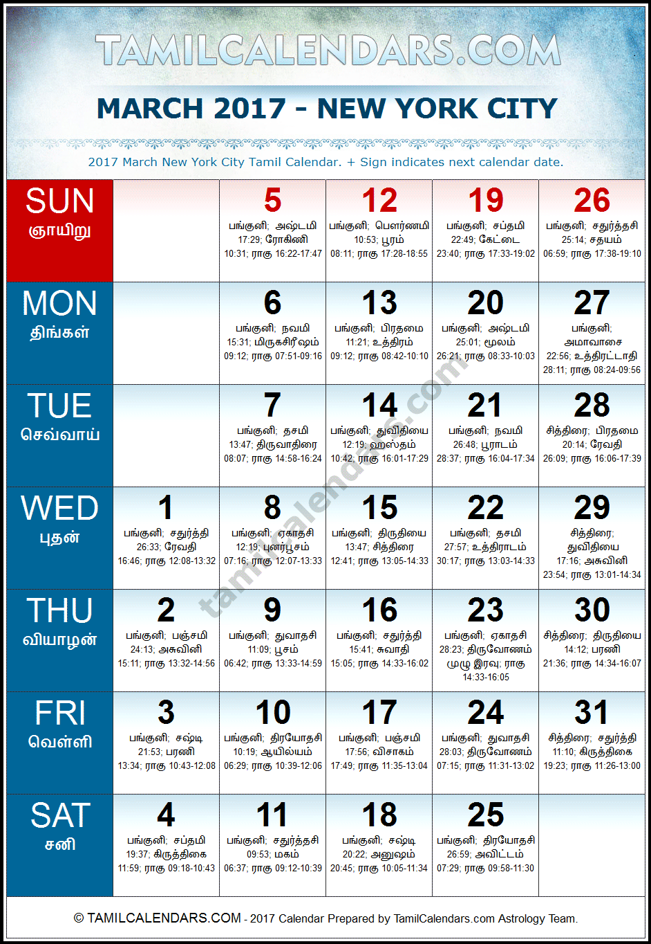 March 2017 Tamil Calendar for New York, USA