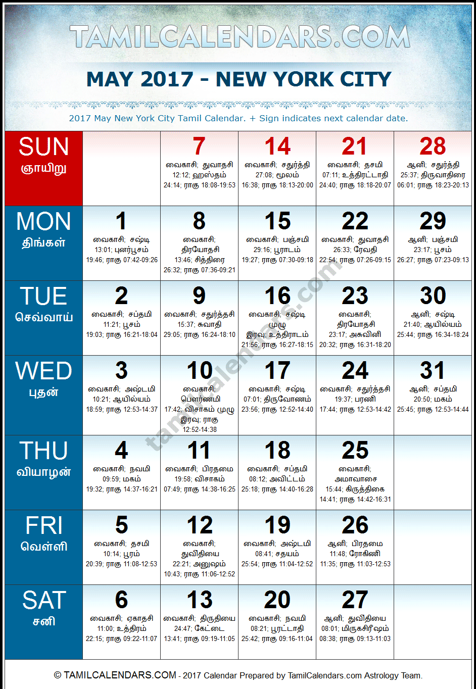May 2017 Tamil Calendar for New York, USA