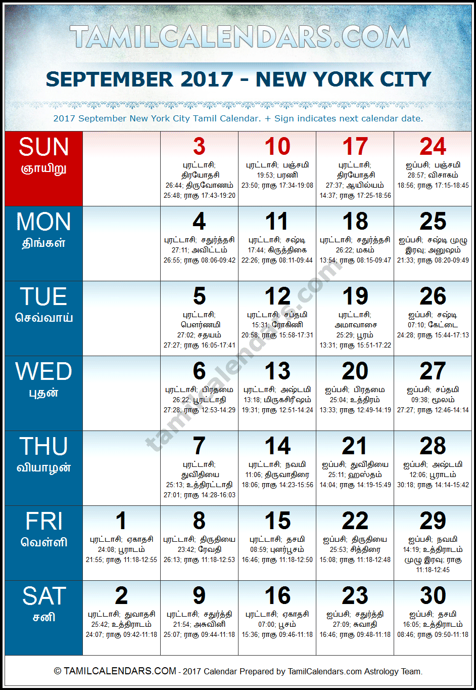 September 2017 Tamil Calendar for New York, USA