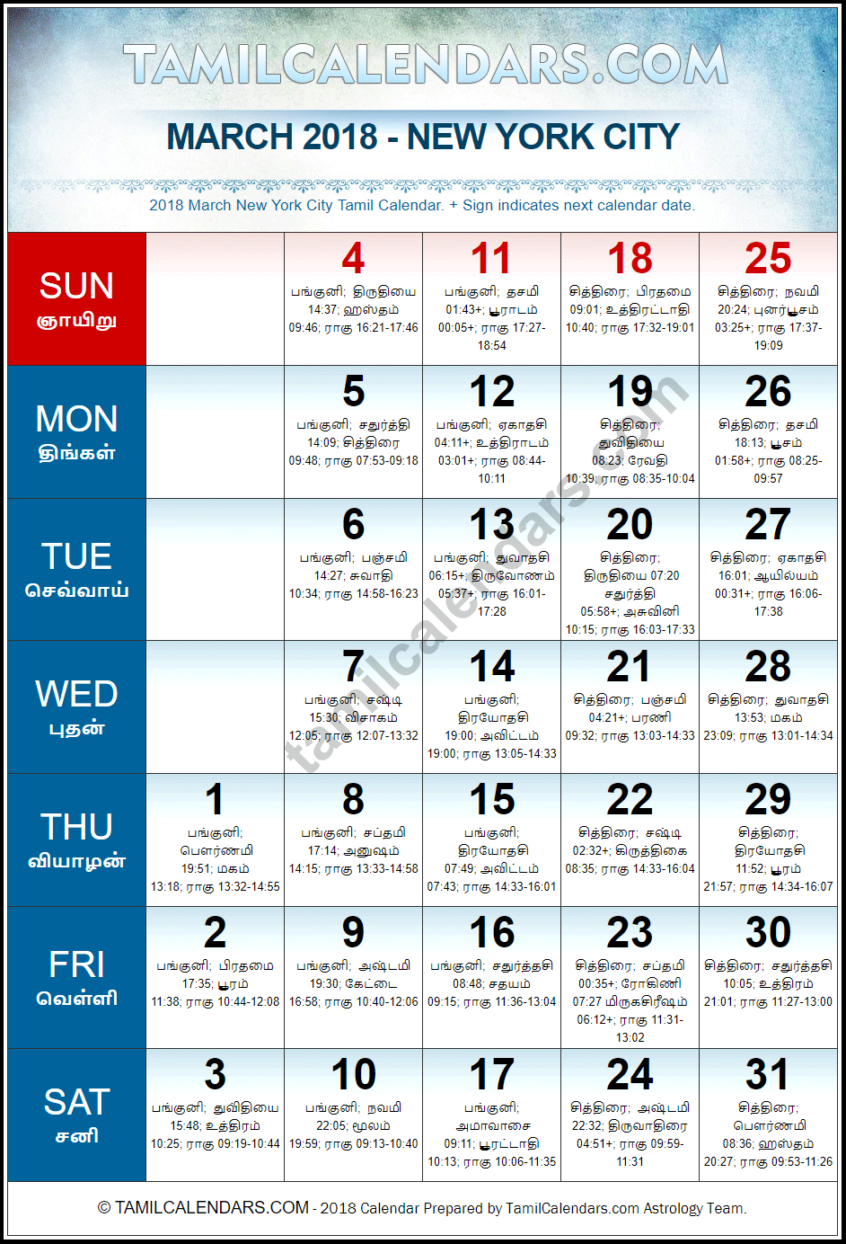 March 2018 Tamil Calendar for New York, USA