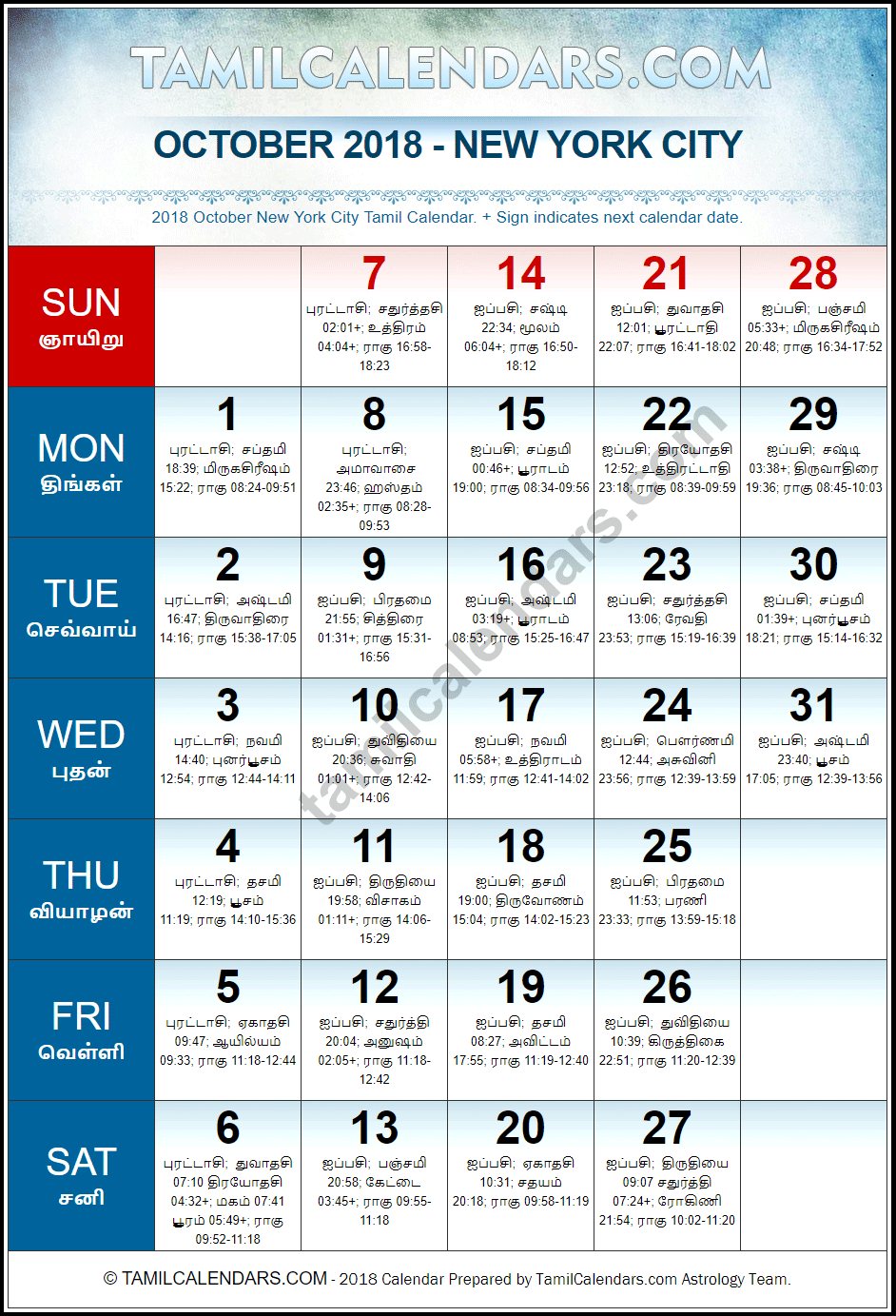 October 2018 Tamil Calendar for New York, USA