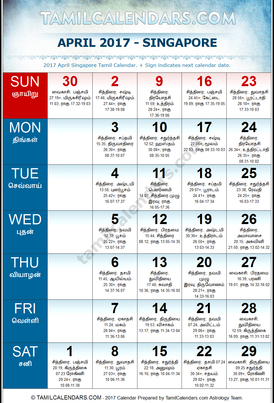 April 2017 Tamil Calendar for Singapore