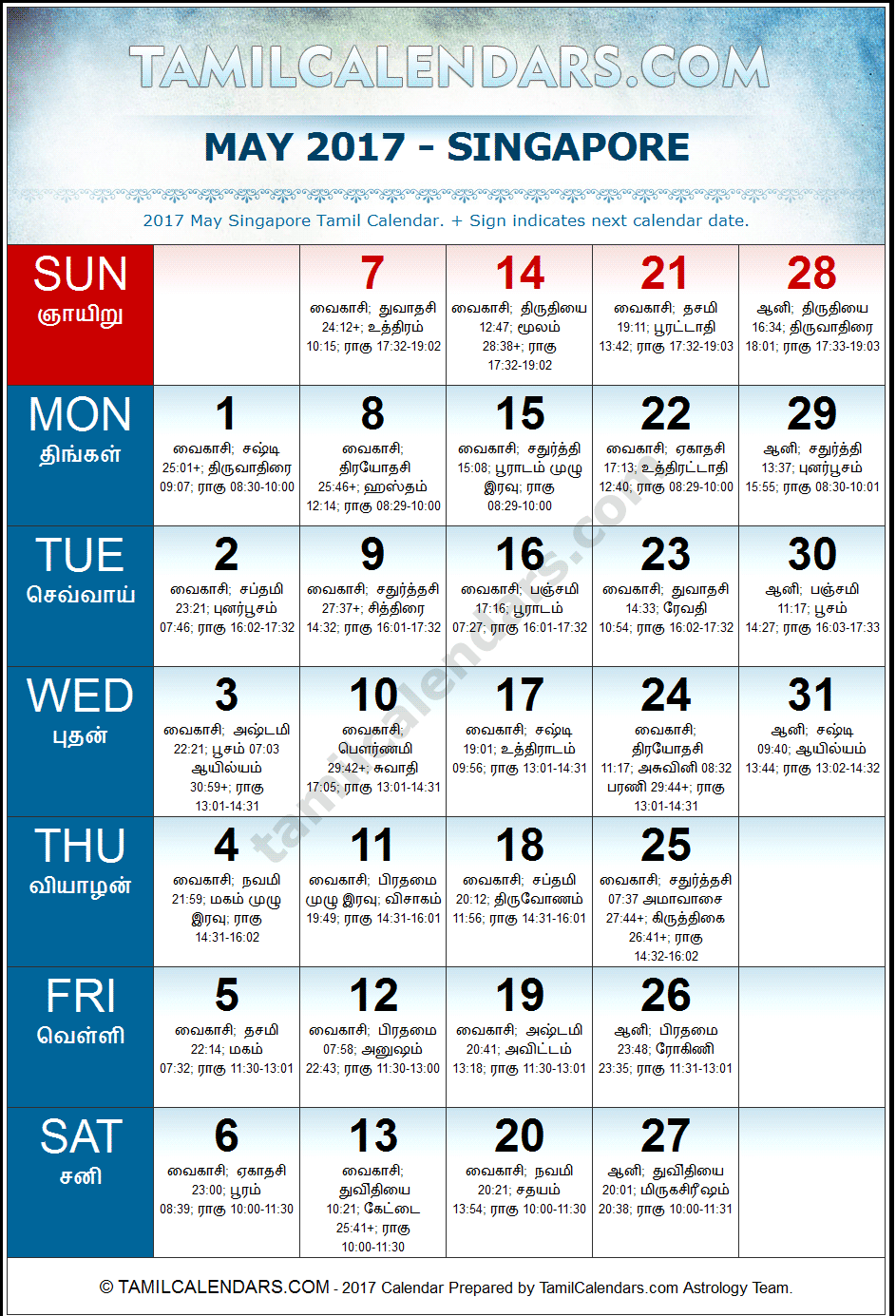 May 2017 Tamil Calendar for Singapore