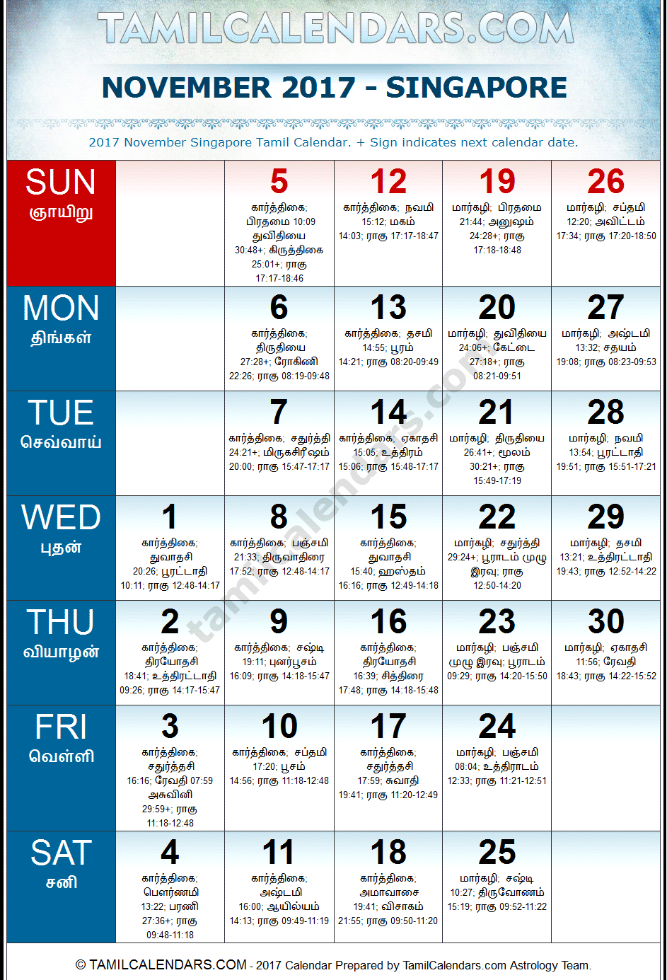 November 2017 Tamil Calendar for Singapore